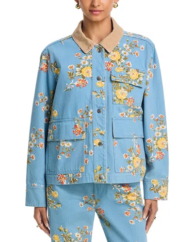 Veronica Beard Leighton Floral-print Corduroy-collar Jacket In Blue