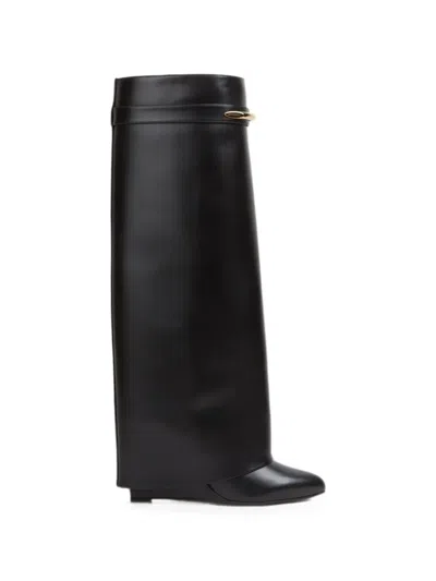 Givenchy Women Black Sandals With Logo Plaque On The Front And High Wedge Heel In Leather Woman In Black