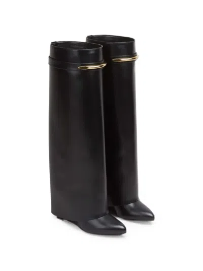Givenchy Women Black Sandals With Logo Plaque On The Front And High Wedge Heel In Leather Woman In Black
