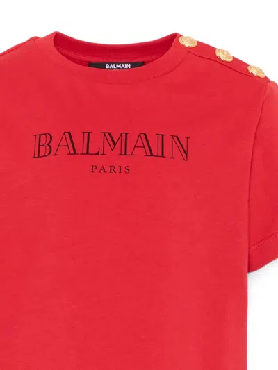 Balmain Logo-print Button-detail T-shirt In Red