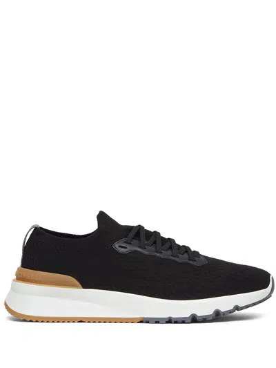 Brunello Cucinelli Cotton Knit And Semi-polished Calfskin Runner Sneakers In Black