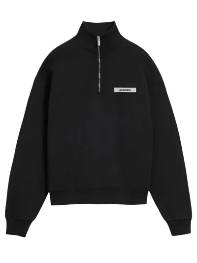 Jacquemus High Neck Zip Sweatshirt With Logo Detail And Gathered Cuffs In Black