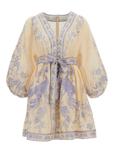 Zimmermann Womens Indra Plunge Linen Mini Dress Cream Lilac Floral In Multi