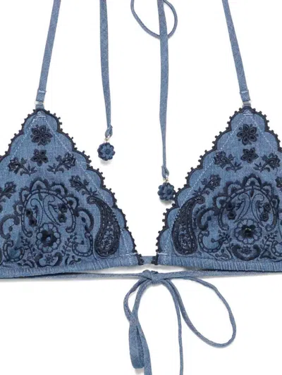 Zimmermann Aster Paisley Embroidered Denim Two-piece Swimsuit In Blue