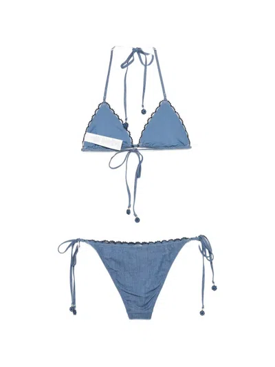 Zimmermann Aster Paisley Embroidered Denim Two-piece Swimsuit In Blue