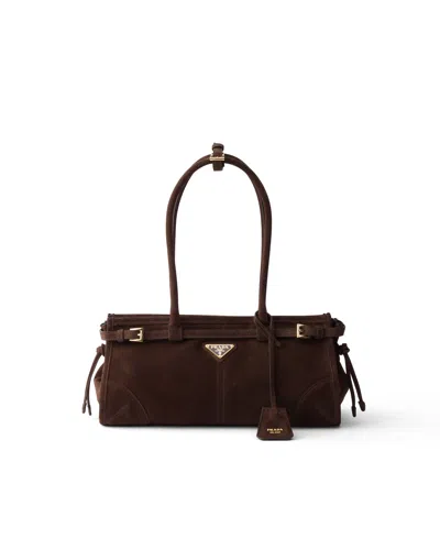 Prada Suede Shoulder Handbag With Adjustable Strap In Brown