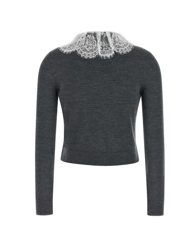 Self-portrait Self Portrait Knitted Wool Cardigan With Lace Collar In Grey In Gray