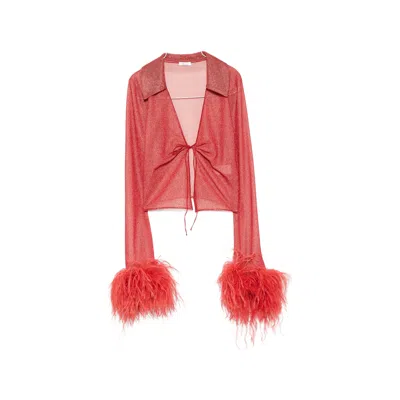 Oseree Feather-trimmed Metallic-thread Top In Red