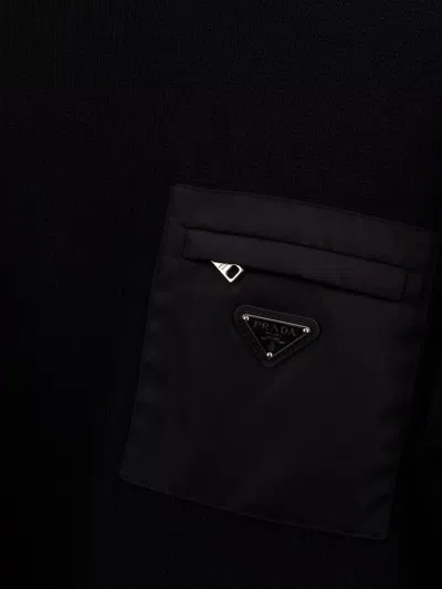 Prada Knit Top Long Sleeves Chest Pocket Ribbed In Black