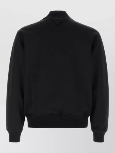 Prada Stretch Polyester Bomber Jacket Front Pockets In Black