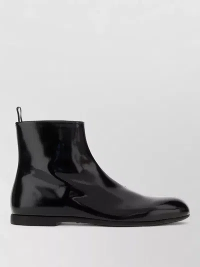 Jil Sander Leather Ankle Boots Flat Sole Pull Tab In Black