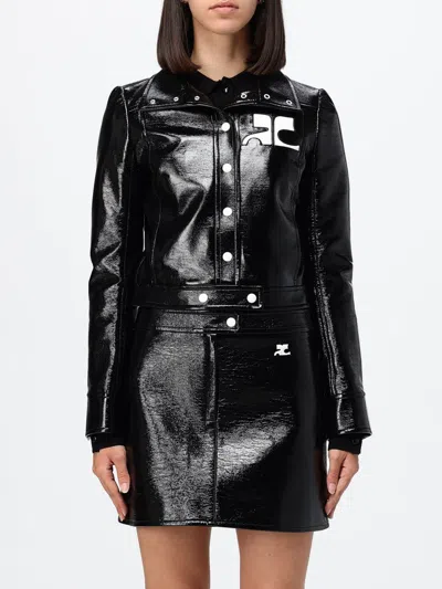 Courrèges Stretch Cotton Cropped Vinyl Jacket Reedition In Black
