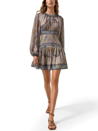 Zimmermann Wanderlust Multicolor Crewneck Mini Dress With Puffed Long Sleeves And All-over Print In Cotton And  In Multi