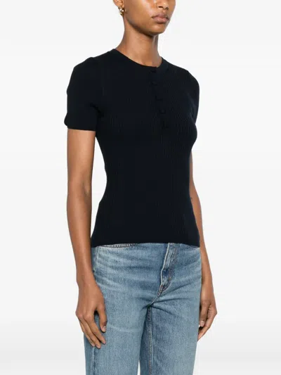 Sandro Ribbed-knit Buttoned Top In Blue