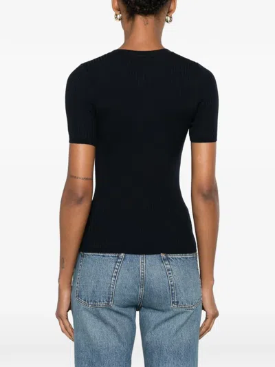 Sandro Ribbed-knit Buttoned Top In Blue