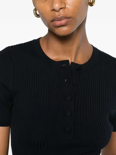 Sandro Ribbed-knit Buttoned Top In Blue