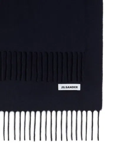 Jil Sander Rectangular Dark Scarf With Fringed Edges In Blue