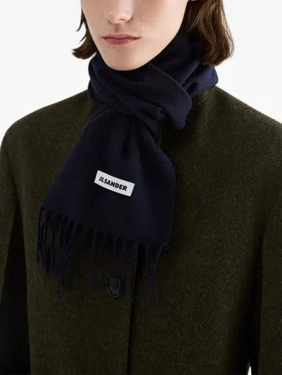 Jil Sander Rectangular Dark Scarf With Fringed Edges In Blue