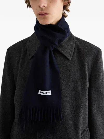 Jil Sander Rectangular Dark Scarf With Fringed Edges In Blue
