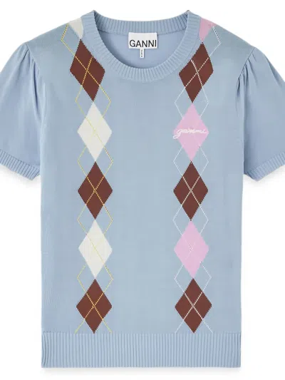 Ganni Argyle-pattern T-shirt In Blue