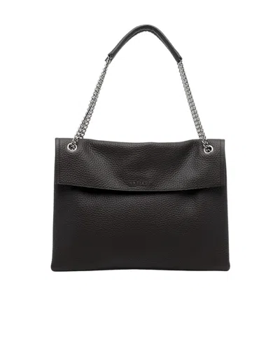 Orciani Hammered Leather Shoulder Bag With Removable Chain Strap In Black