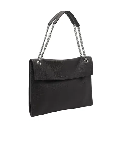 Orciani Hammered Leather Shoulder Bag With Removable Chain Strap In Black