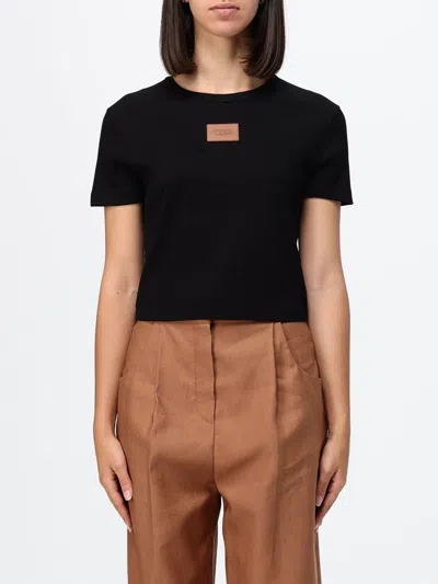 Fendi Cotton Crewneck Logo Top With Ribbed Knit And Leather Patch In Black