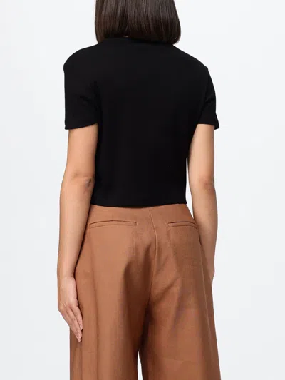Fendi Cotton Crewneck Logo Top With Ribbed Knit And Leather Patch In Black