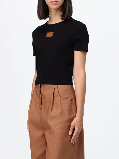 Fendi Cotton Crewneck Logo Top With Ribbed Knit And Leather Patch In Black