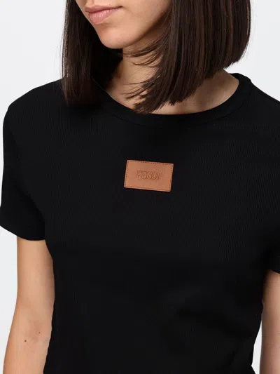 Fendi Cotton Crewneck Logo Top With Ribbed Knit And Leather Patch In Black