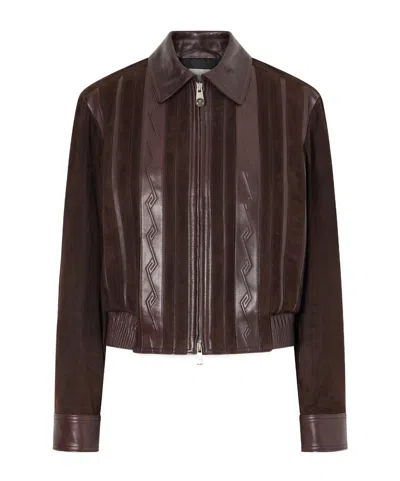 Versace Greca-embossed Leather And Suede Jacket In Brown