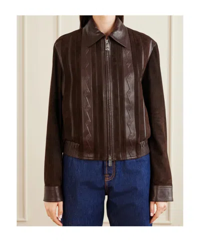 Versace Greca-embossed Leather And Suede Jacket In Brown