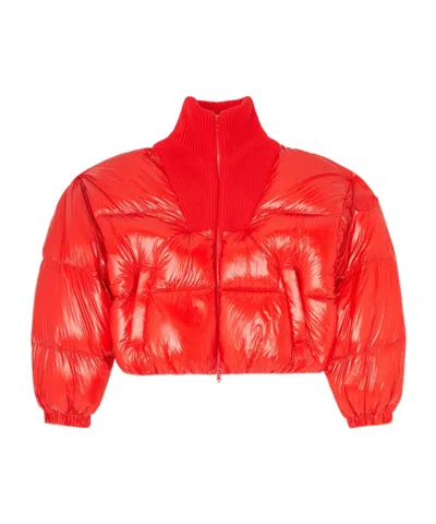 Diesel Down Puffer Jacket In Ripstop With Knitted Collar In Red