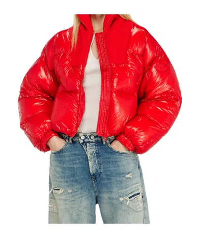 Diesel Down Puffer Jacket In Ripstop With Knitted Collar In Red
