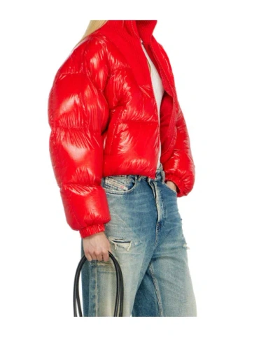 Diesel Down Puffer Jacket In Ripstop With Knitted Collar In Red