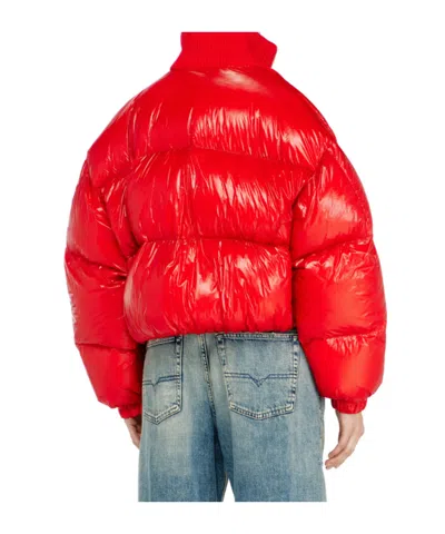 Diesel Down Puffer Jacket In Ripstop With Knitted Collar In Red