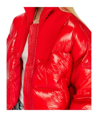 Diesel Down Puffer Jacket In Ripstop With Knitted Collar In Red