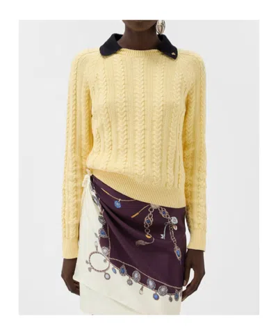 Versace Cable-knit Contrasting-collar Sweater In Yellow