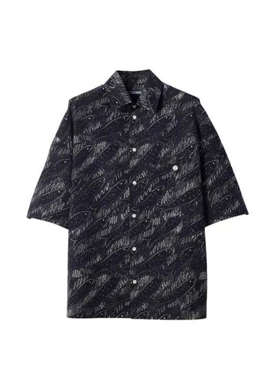 Jacquemus Rio Fish Print Shirt Short Sleeves Pocket In Black