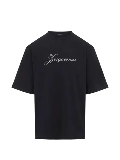 Jacquemus Relaxed Fit Black T-shirt With Cursive Script Logo In Black