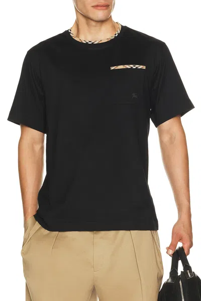 Burberry Cotton Logo T-shirt With Checkered Trim And Chest Pocket In Black
