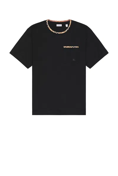 Burberry Cotton Logo T-shirt With Checkered Trim And Chest Pocket In Black
