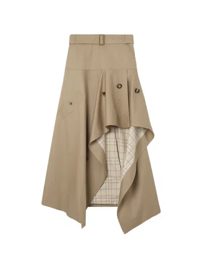 Burberry Heather Belted Asymmetric Cotton-gabardine Midi Skirt In Brown