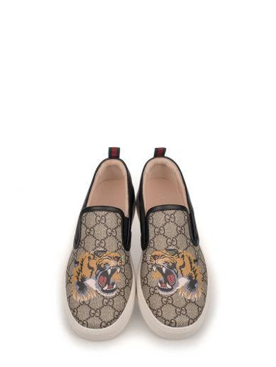 Shop Gucci Sand/brown/black Gg Supreme Slip On Sneakers In Neutral - Black