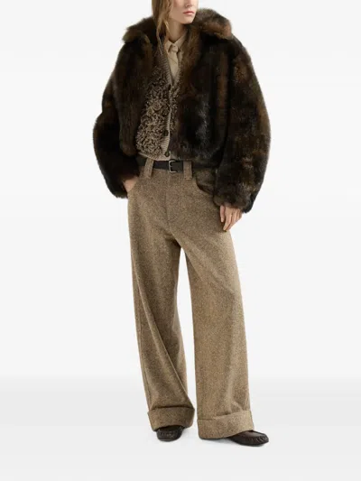 Brunello Cucinelli Soft-shearling Outerwear Jacket With Shiny Zipper Pull In Brown