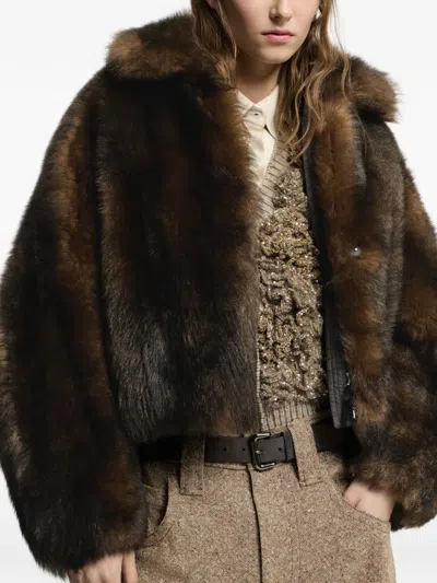 Brunello Cucinelli Soft-shearling Outerwear Jacket With Shiny Zipper Pull In Brown