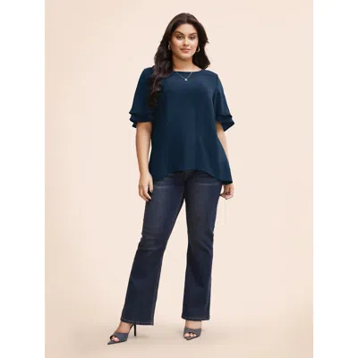 Bloomchic Solid Tiered Ruffles Split Hem Blouse In Blue