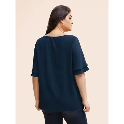 Bloomchic Solid Tiered Ruffles Split Hem Blouse In Blue
