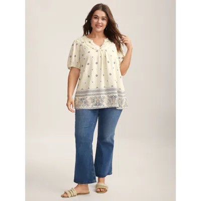 Bloomchic Boho Print Notched Collar Blouse In White