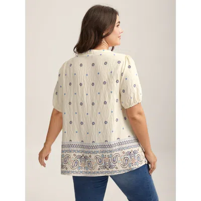 Bloomchic Boho Print Notched Collar Blouse In White